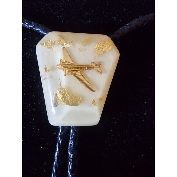 Vintage Bolo tie gold Jet flakes silver ends black leather braid - Picture 2 of 6